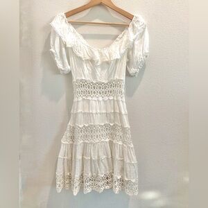 Free People White Ruffle Embroidered Off Shoulder Dress